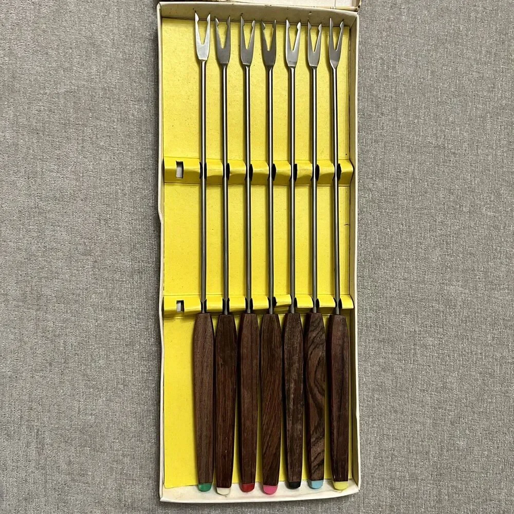 VTG MCM Teak Handle Stainless Fondue Forks Original Box 11 Pcs Made In Japan EXC